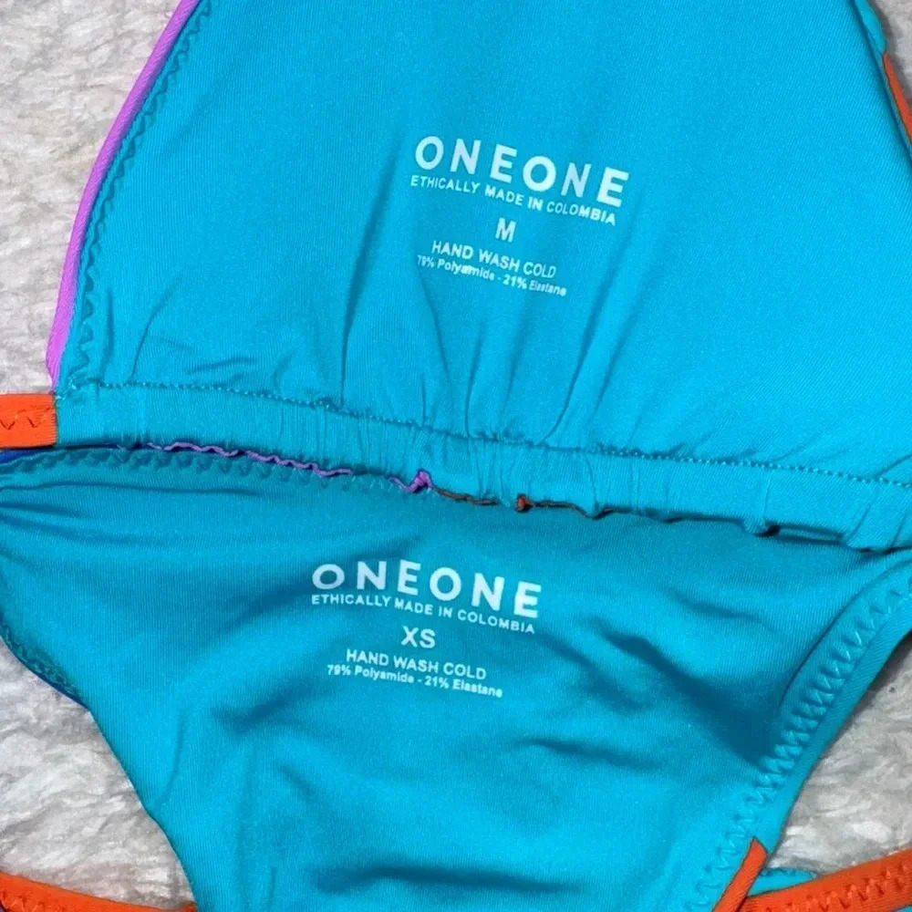 NWT OneOne Swimwear Bikini SET Ariel Bilbao Print Triangle NEW Multicolor Cute - Picture 2 of 9